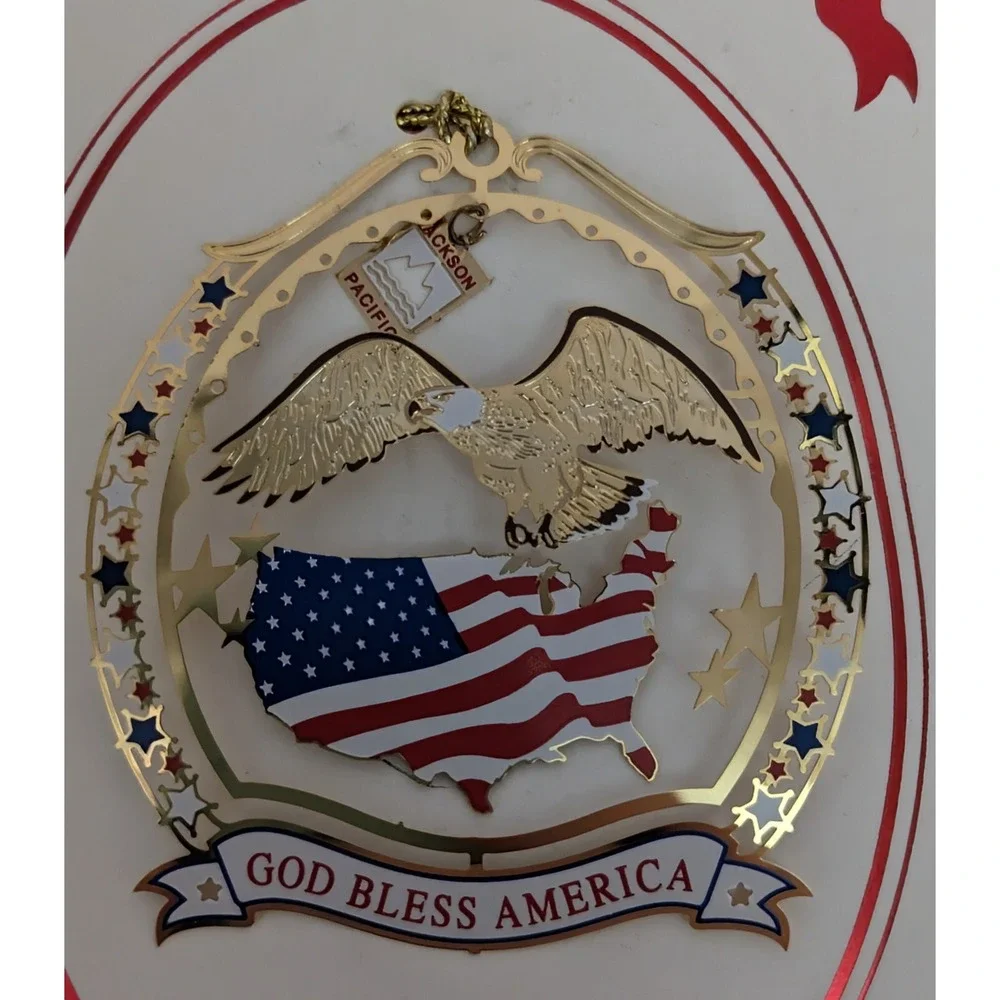 God Bless America Ornament Eagle American Flag Jackson‎ Pacific 24K Gold Brass